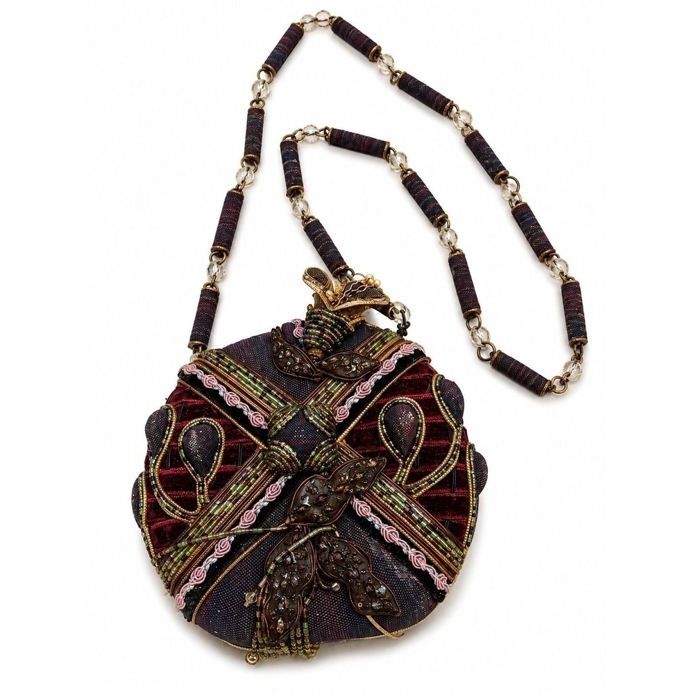 Mary Frances Beaded Velvet Crossbody Circular Evening Bag Burgundy Bronze